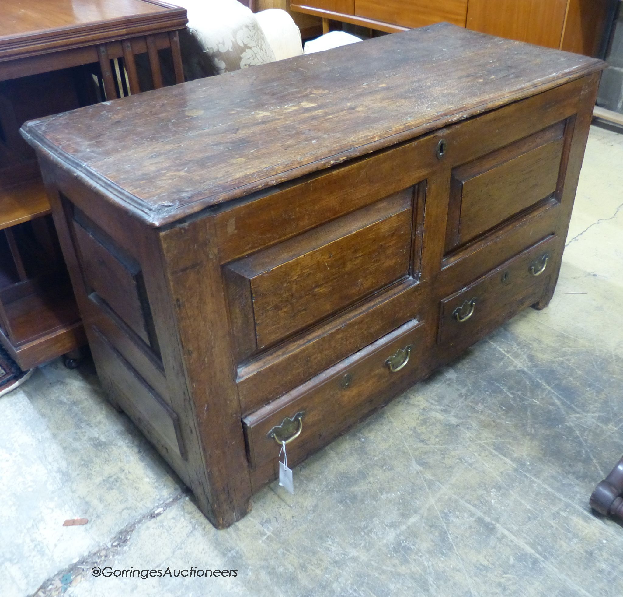 An 18th century pine mule chest, L.117cm D.49cm H.68cm